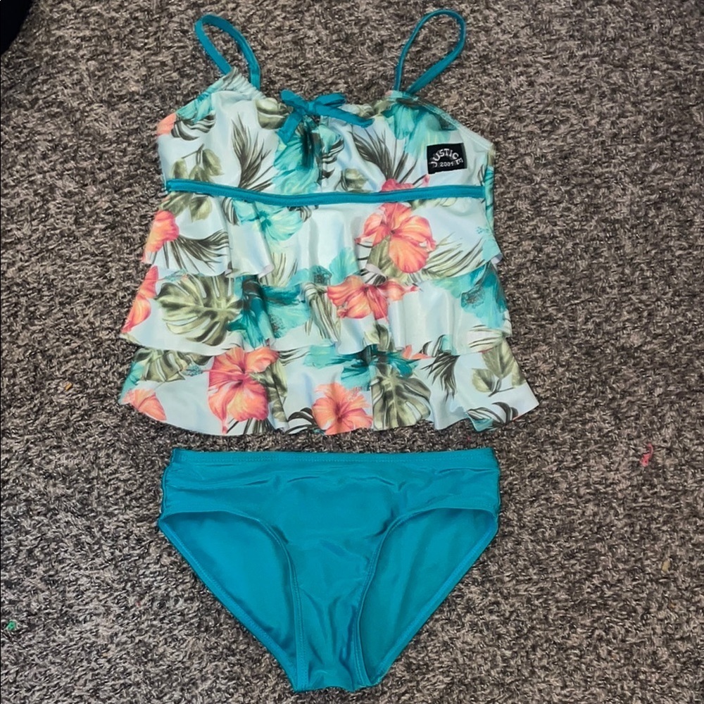 Justice Girls Tropical Blue Floral Kids Bikini - Teal and Orange